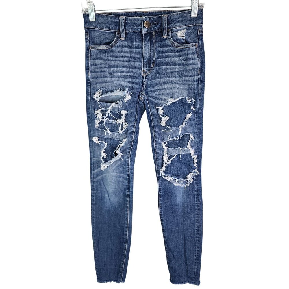 Womens American Eagle Hi Rise Jegging Denim Jeans Distressed Frayed Hem Size 0